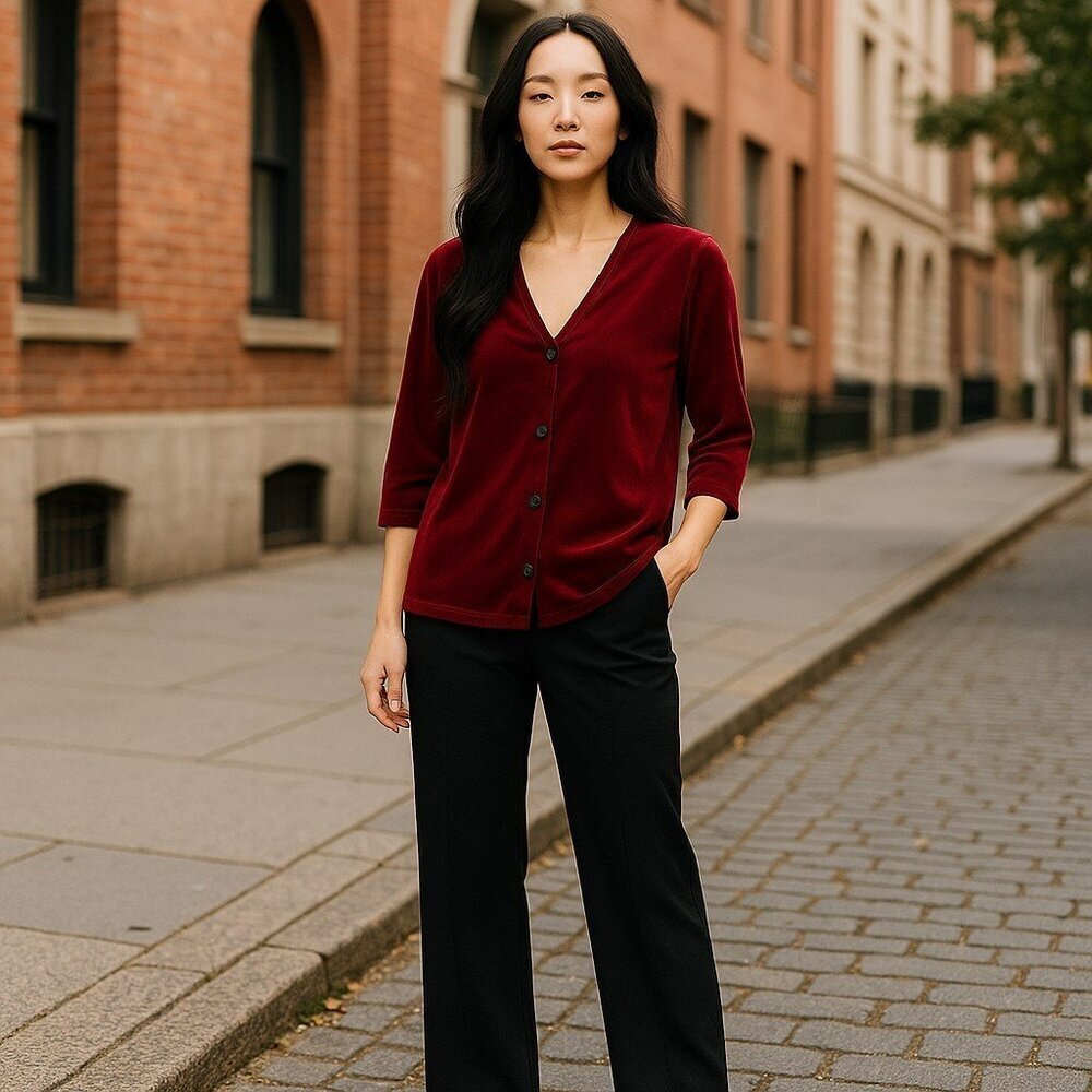 Coldwater Creek Medium Wine Red 3/4 Sleeve Button Up V Neck Cardigan Sz M 10-12